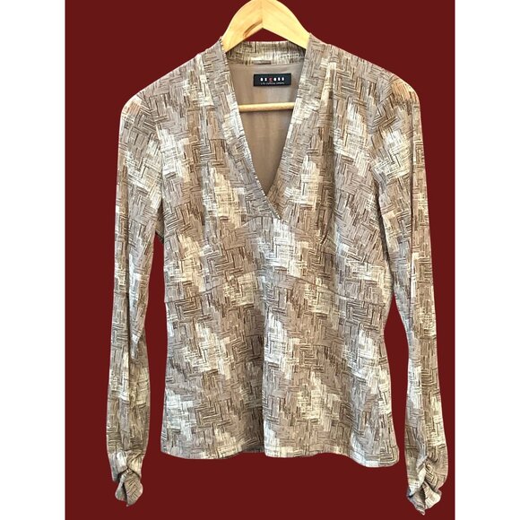 Y2K Vintage 2000 Axcess Liz Claiborne Taupe Geometric V-Neck Baby Doll Top - Picture 1 of 5